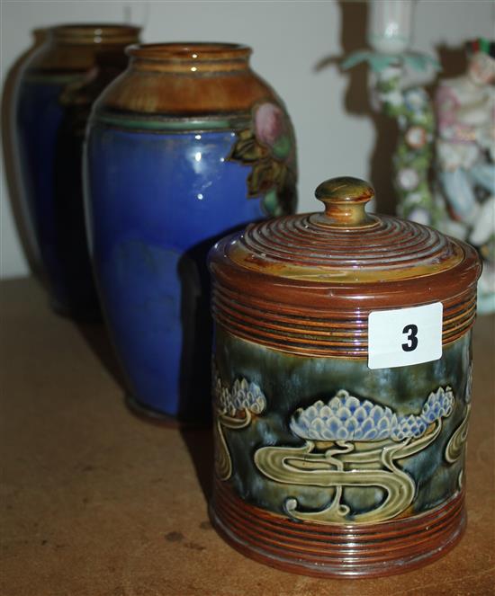 Royal Doulton Art Nouveau tobacco jar (LW) & a pair of ovoid vases decorated fruiting vines